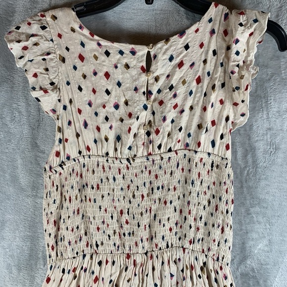 THML Womens Dress S Midi Smocked Geometric Print Ruffle Cap Sleeve Ivory Pockets - Picture 5 of 13